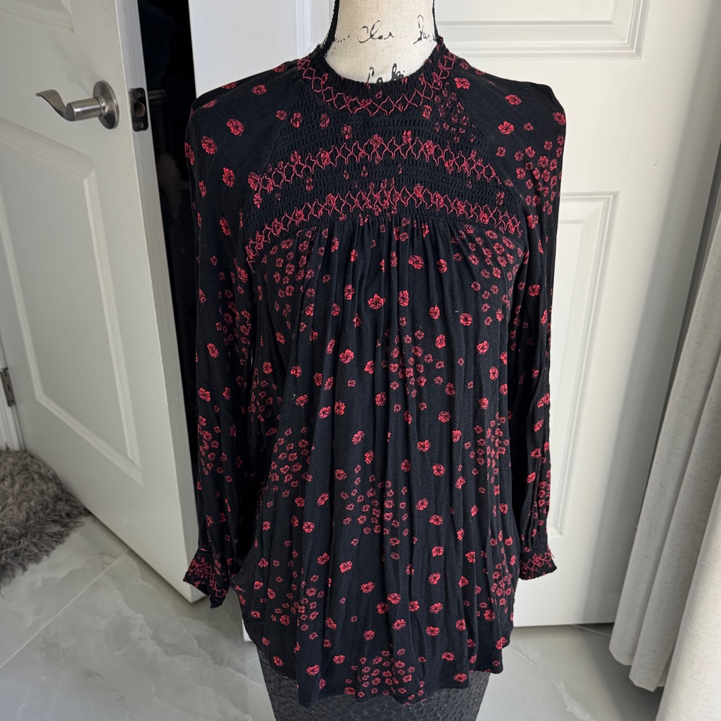 Free People Black And Red Patterned Flowy Blouse